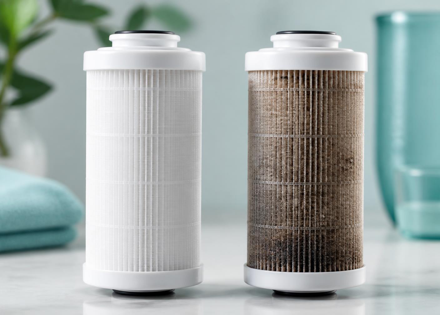 Comparação entre um refil de purificador novo e um refil vencido escurecido por sedimentos, ambos entregando água aparentemente transparente